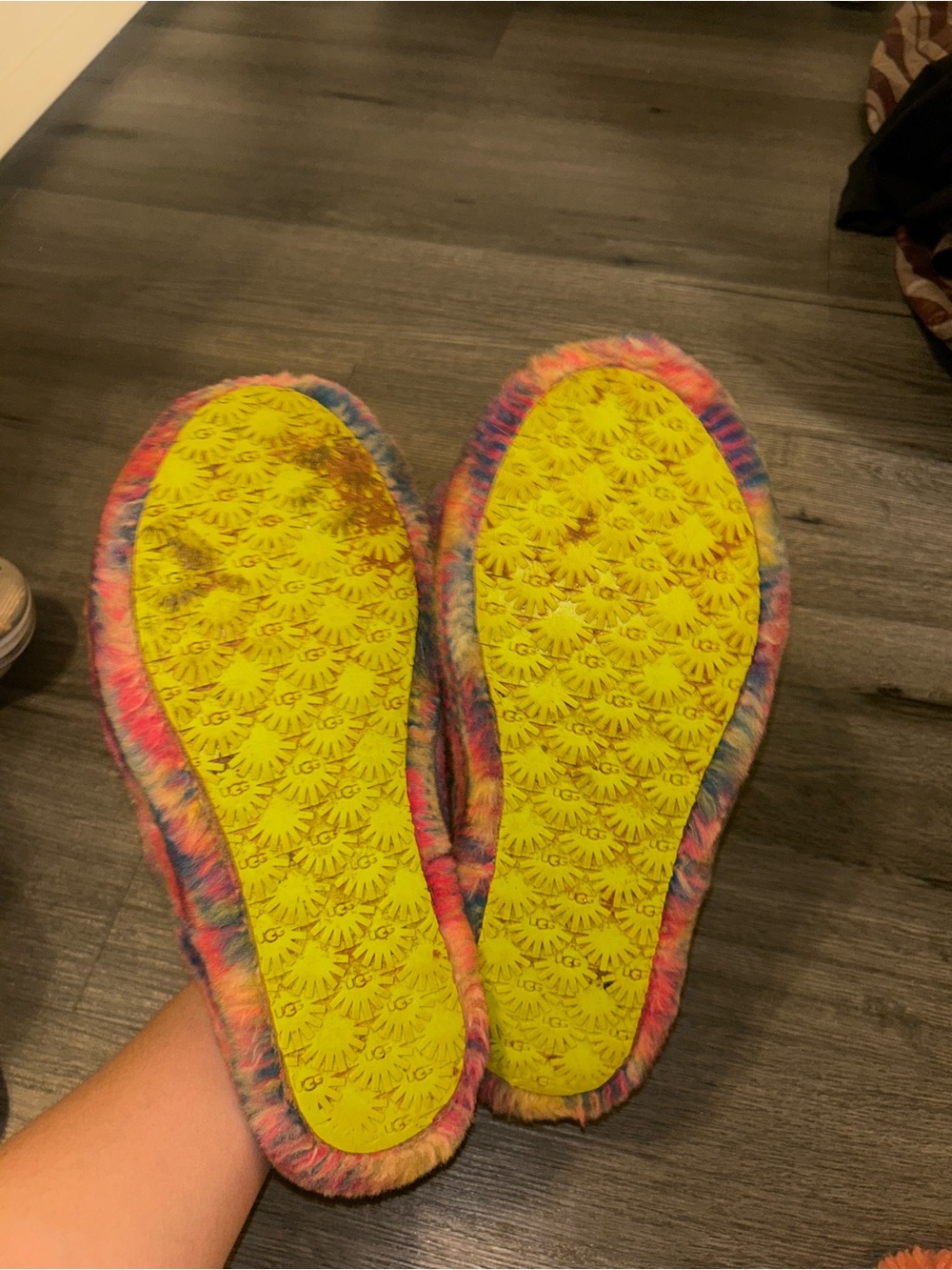 UGG Multicolor Fuzzy Women's Slippers with Yellow Soles